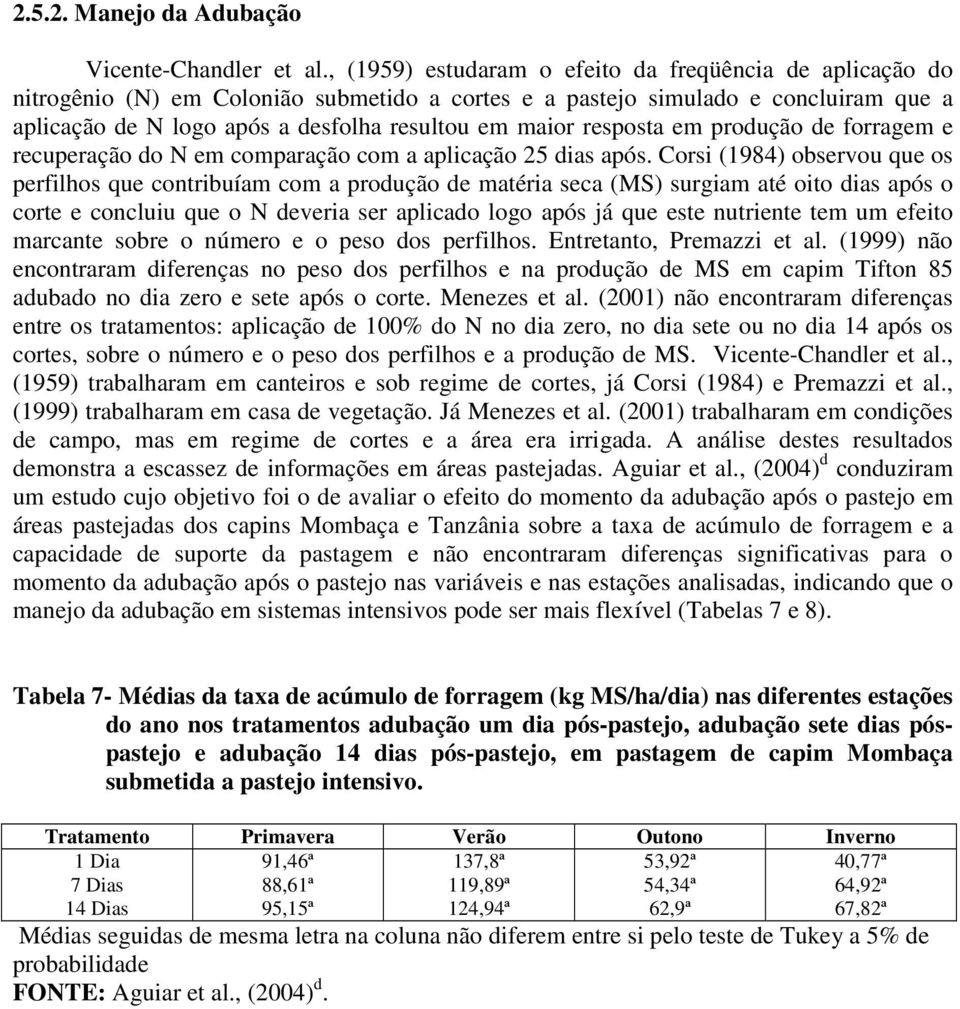 resposta em produção de forragem e recuperação do N em comparação com a aplicação 25 dias após.