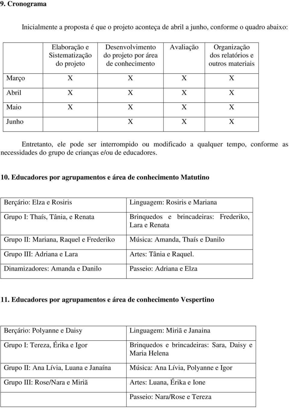 necessidades do grupo de crianças e/ou de educadores. 10.