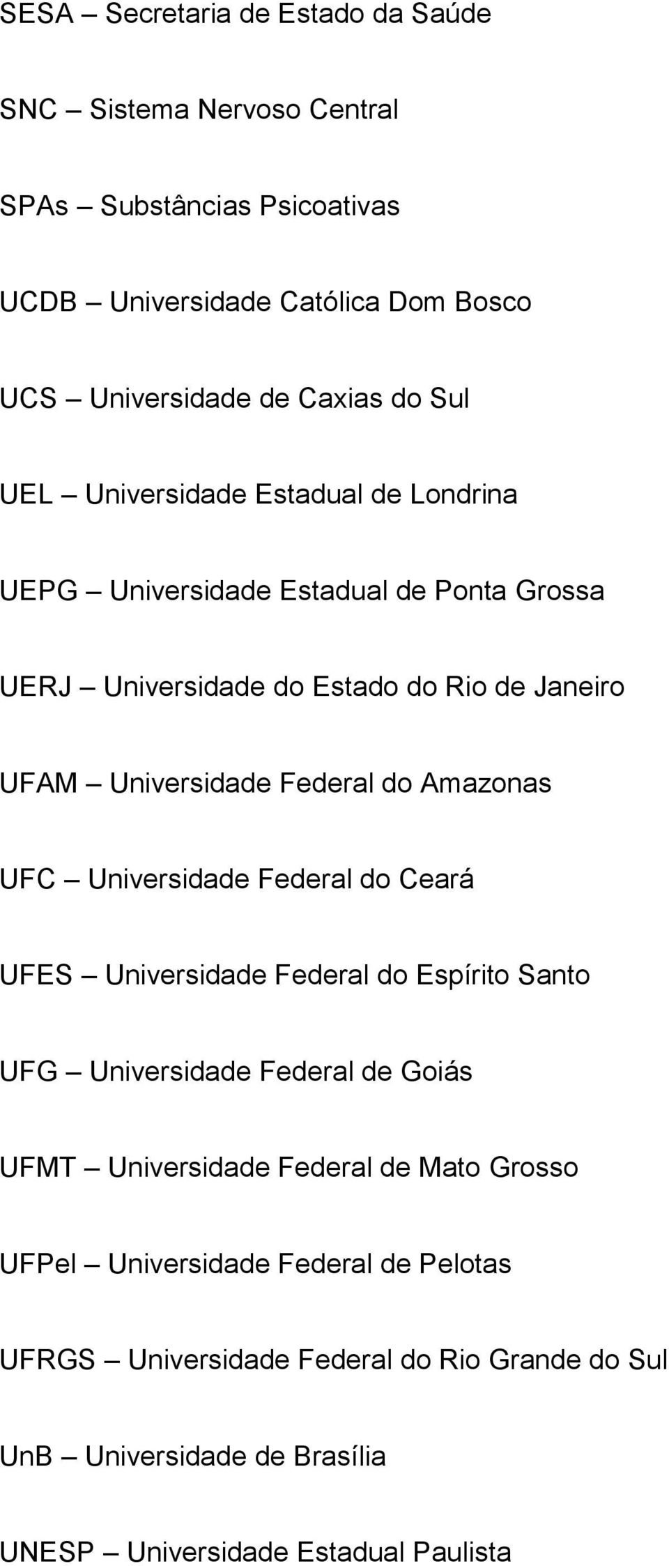 Federal do Amazonas UFC Universidade Federal do Ceará UFES Universidade Federal do Espírito Santo UFG Universidade Federal de Goiás UFMT Universidade Federal