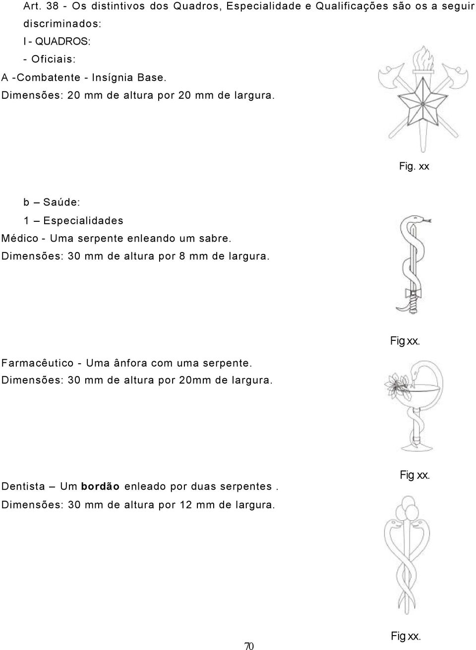 xx b Saúde: 1 Especialidades Médico - Uma serpente enleando um sabre. Dimensões: 30 mm de altura por 8 mm de largura.