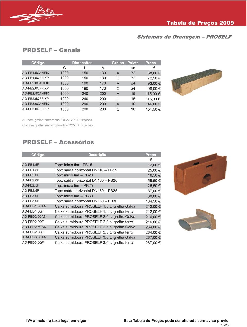 0QFFIXP 1000 290 200 C 10 151,50 A - com grelha entramada Galva A15 + Fixações C - com grelha em ferro fundido C250 + Fixações PROSELF Acessórios AD-PB1.5F Topo inicio fim - PB15 12,00 AD-PB1.