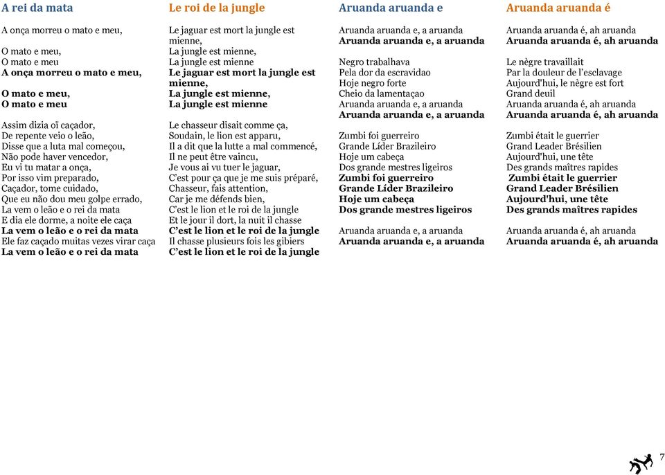 leão e o rei da mata E dia ele dorme, a noite ele caça La vem o leão e o rei da mata Ele faz caçado muitas vezes virar caça La vem o leão e o rei da mata Le jaguar est mort la jungle est mienne, La