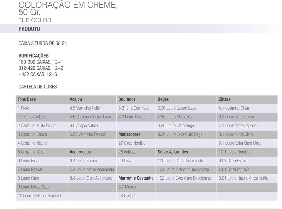 1 Louro Cinza Escuro 2 Castanho Muito Escuro 6.5 Acajou Natural 8.36 Louro Claro Bege 7.1 Louro Cinza Especial 3 Castanho Escuro 6.55 Vermelho Fantasía Matizadores 9.36 Louro Extra Claro Bege 8.