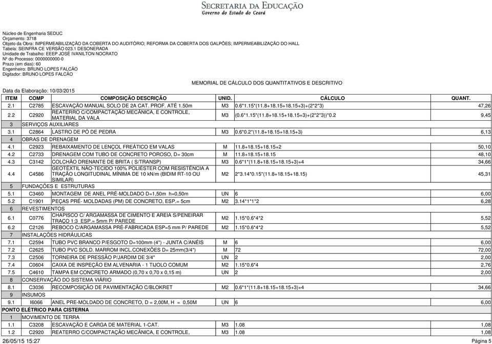 8+8.+8.+ 0,0 C7 DRENAGEM COM TUBO DE CONCRETO POROSO, D= 0cm M.8+8.+8. 8,0 C COLCHÃO DRENANTE DE BRITA ( S/TRANSP) M 0.6**(.8+8.+8.+)+,66 GEOTÊXTIL NÃO-TECIDO 00% POLIÉSTER COM RESISTÊNCIA A C86 TRAÇÃO LONGITUDINAL MÍNIMA DE 0 kn/m (BIDIM RT-0 OU M *.