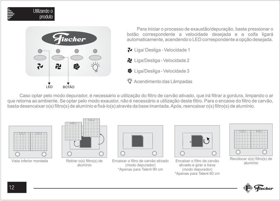 Liga/ Desliga - Velocidade 1 Liga/Desliga - Velocidade 2 Liga/Desliga - Velocidade 3 Acendimento das Lâmpadas Caso optar pelo modo depurador, é necessário a utilização do filtro de carvão ativado,