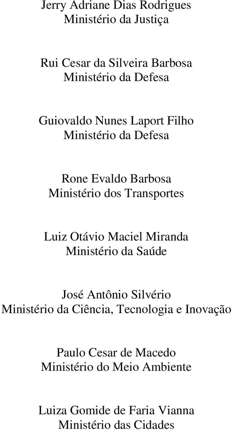 Otávio Maciel Miranda Ministério da Saúde José Antônio Silvério Ministério da Ciência, Tecnologia e