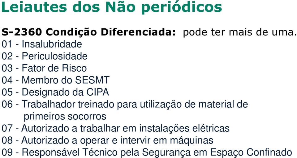 06 - Trabalhador treinado para utilização de material de primeiros socorros 07 - Autorizado a trabalhar