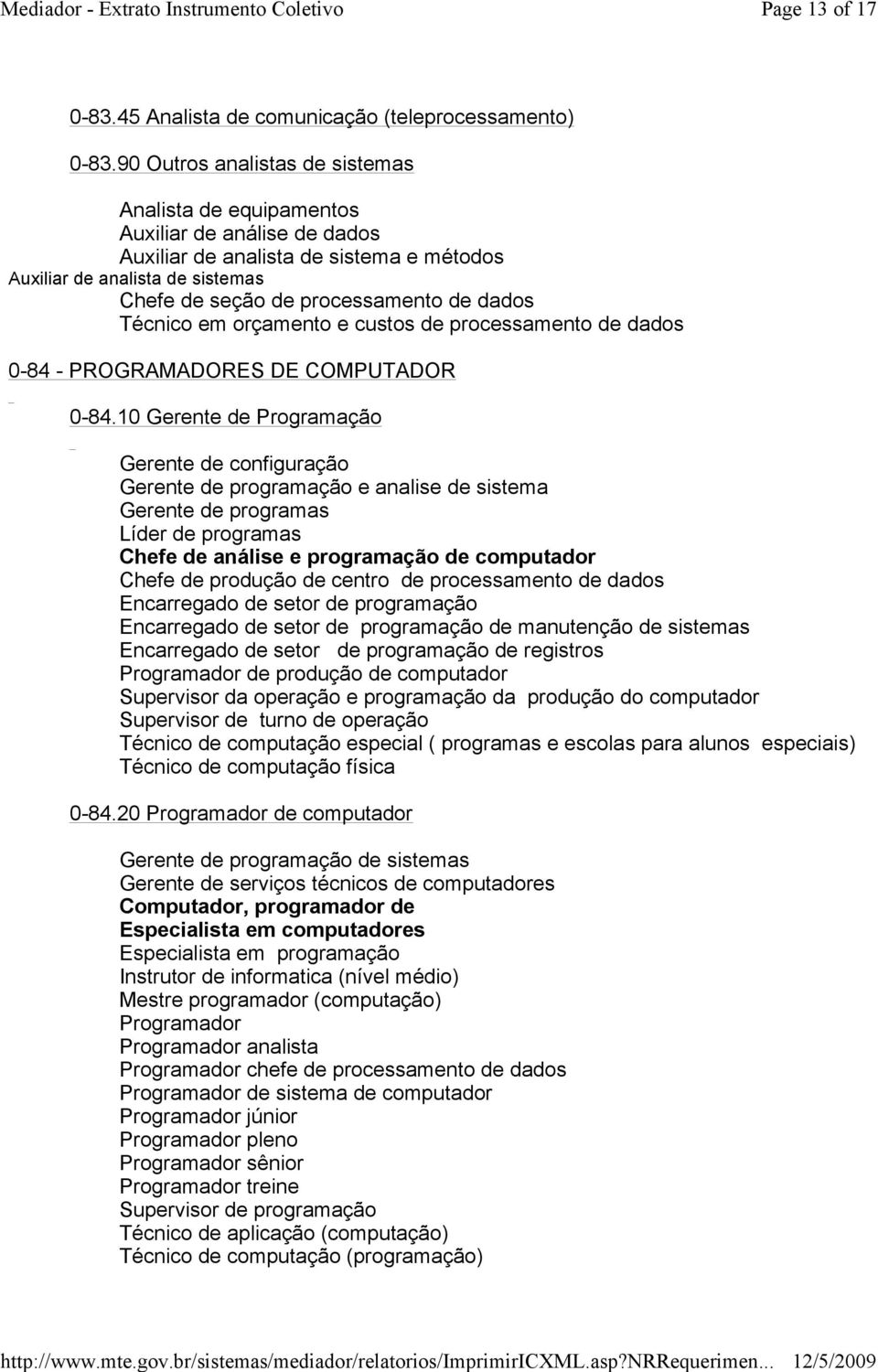 dados Técnico em orçamento e custos de processamento de dados 0-84 - PROGRAMADORES DE COMPUTADOR 0-84.