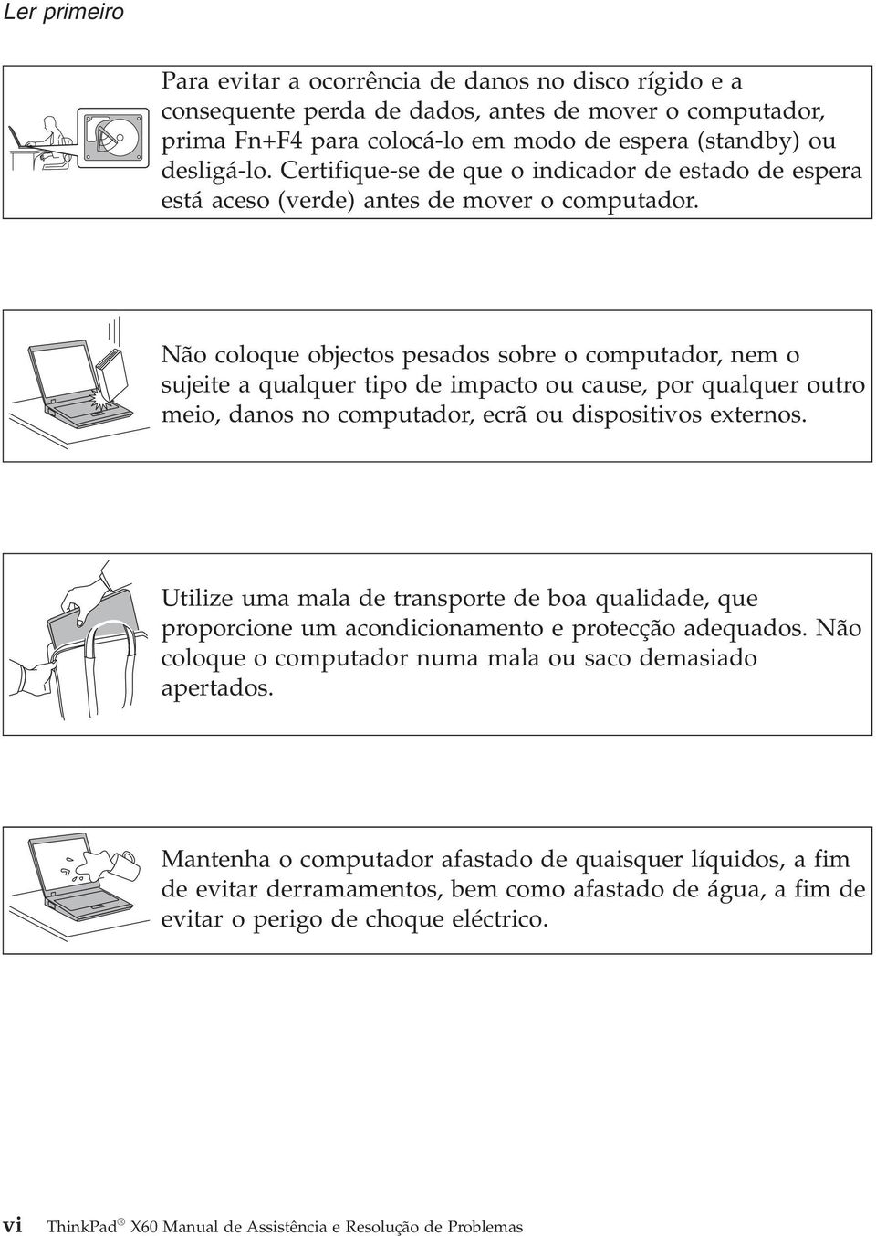 Não coloque objectos pesados sobre o computador, nem o sujeite a qualquer tipo de impacto ou cause, por qualquer outro meio, danos no computador, ecrã ou dispositivos externos.