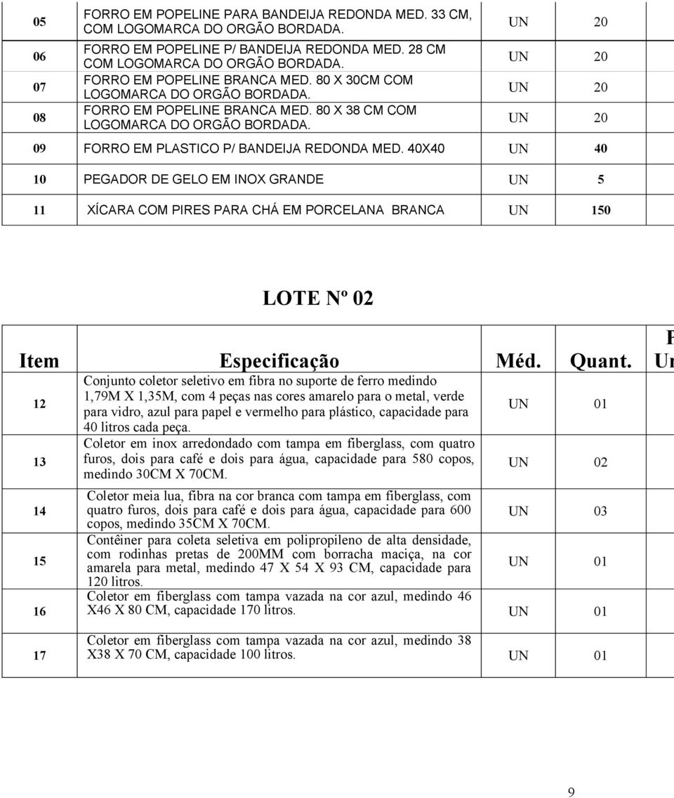20 20 20 20 09 FORRO EM PLASTICO P/ BANDEIJA REDONDA MED. 40X40 40 10 PEGADOR DE GELO EM INOX GRANDE 5 11 XÍCARA COM PIRES PARA CHÁ EM PORCELANA BRANCA 150 LOTE Nº 02 Item Especificação Méd. Quant.