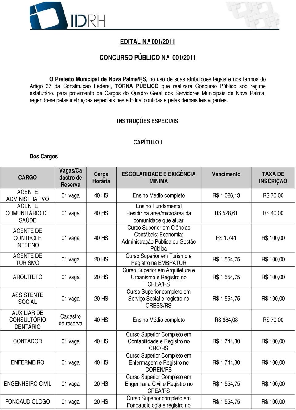 estatutário, para provimento de Cargos do Quadro Geral dos Servidores Municipais de Nova Palma, regendo-se pelas instruções especiais neste Edital contidas e pelas demais leis vigentes.