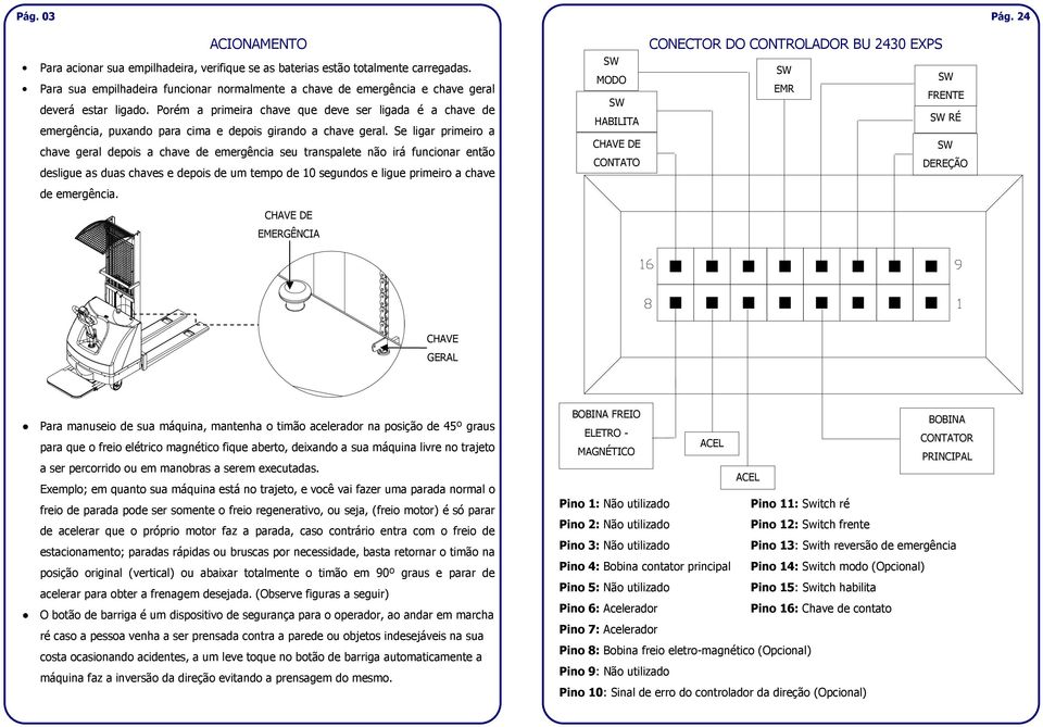 Porém a primeira chave que deve ser ligada é a chave de emergência, puxando para cima e depois girando a chave geral.