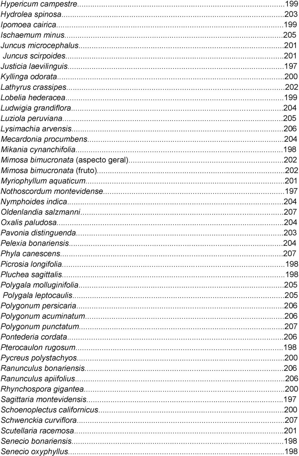 ..198 Mimosa bimucronata (aspecto geral)...202 Mimosa bimucronata (fruto)...202 Myriophyllum aquaticum...201 Nothoscordum montevidense...197 Nymphoides indica...204 Oldenlandia salzmanni.