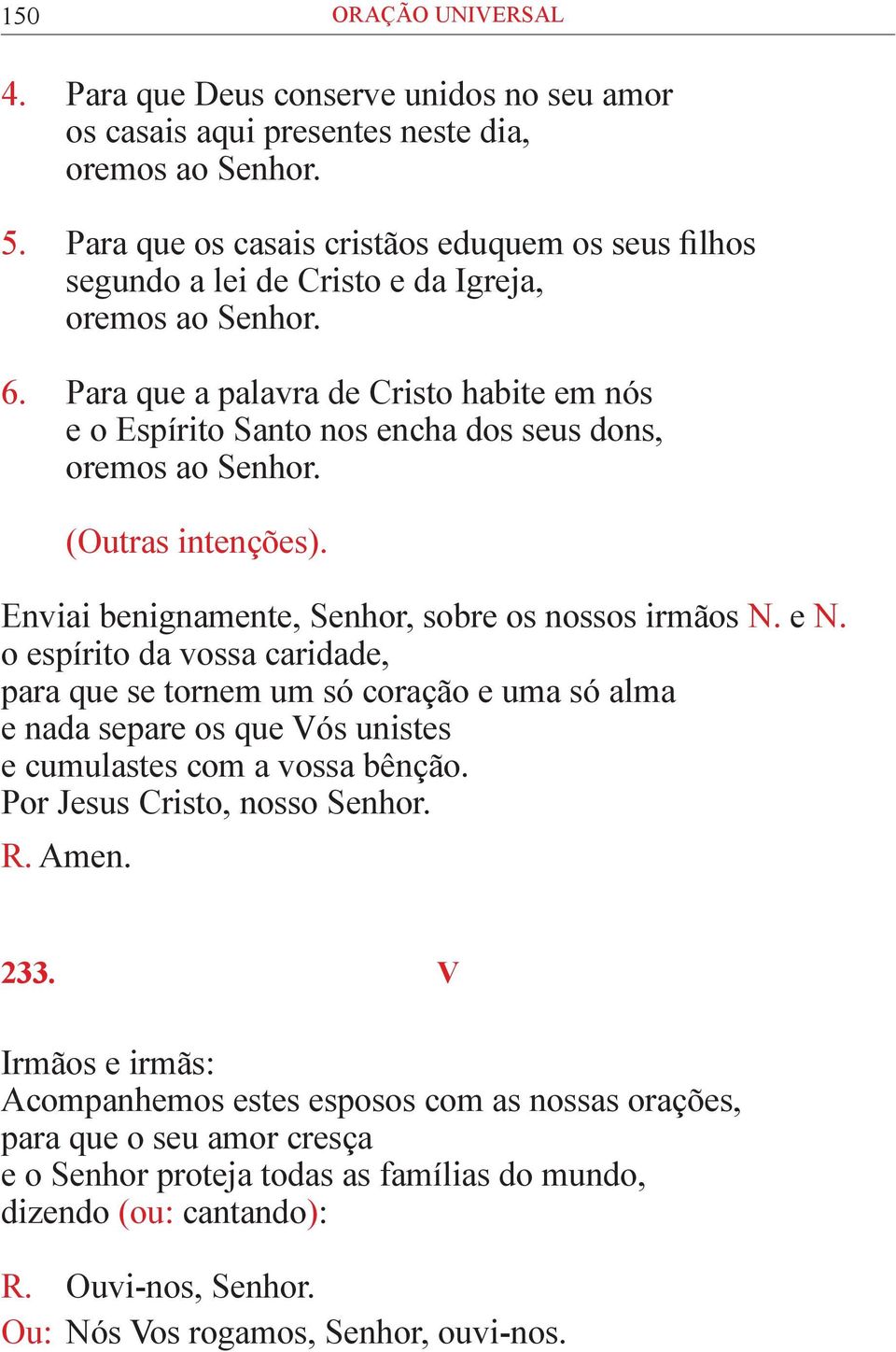 Para que a palavra de Cristo habite em nós e o Espírito Santo nos encha dos seus dons, Enviai benignamente, Senhor, sobre os nossos irmãos N. e N.