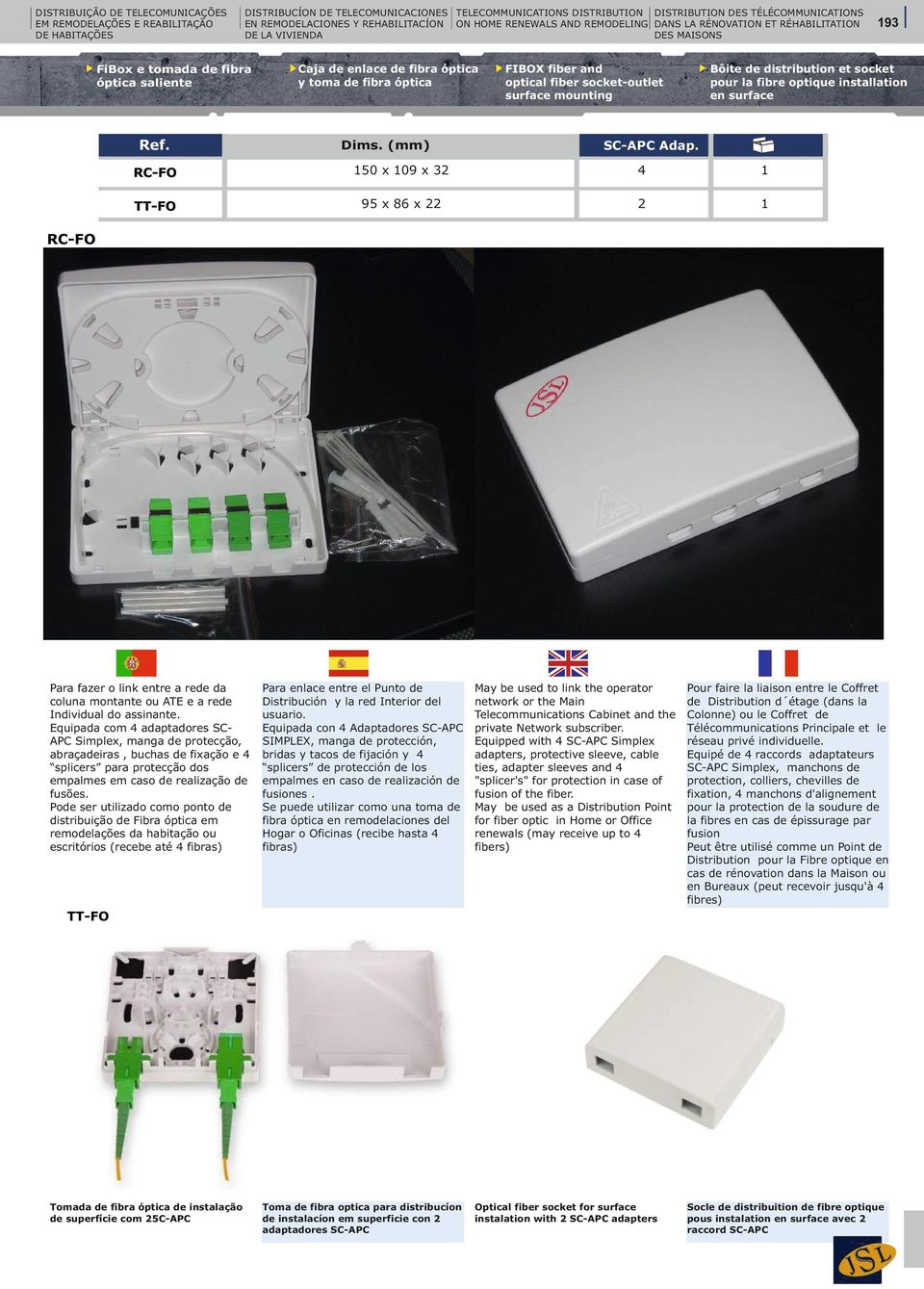 óptica Dims. (mm) FIBOX fiber and optical fiber socket-outlet surface mounting 93 Bôite de distribution et socket pour la fibre optique installation en surface SC-APC Adap.