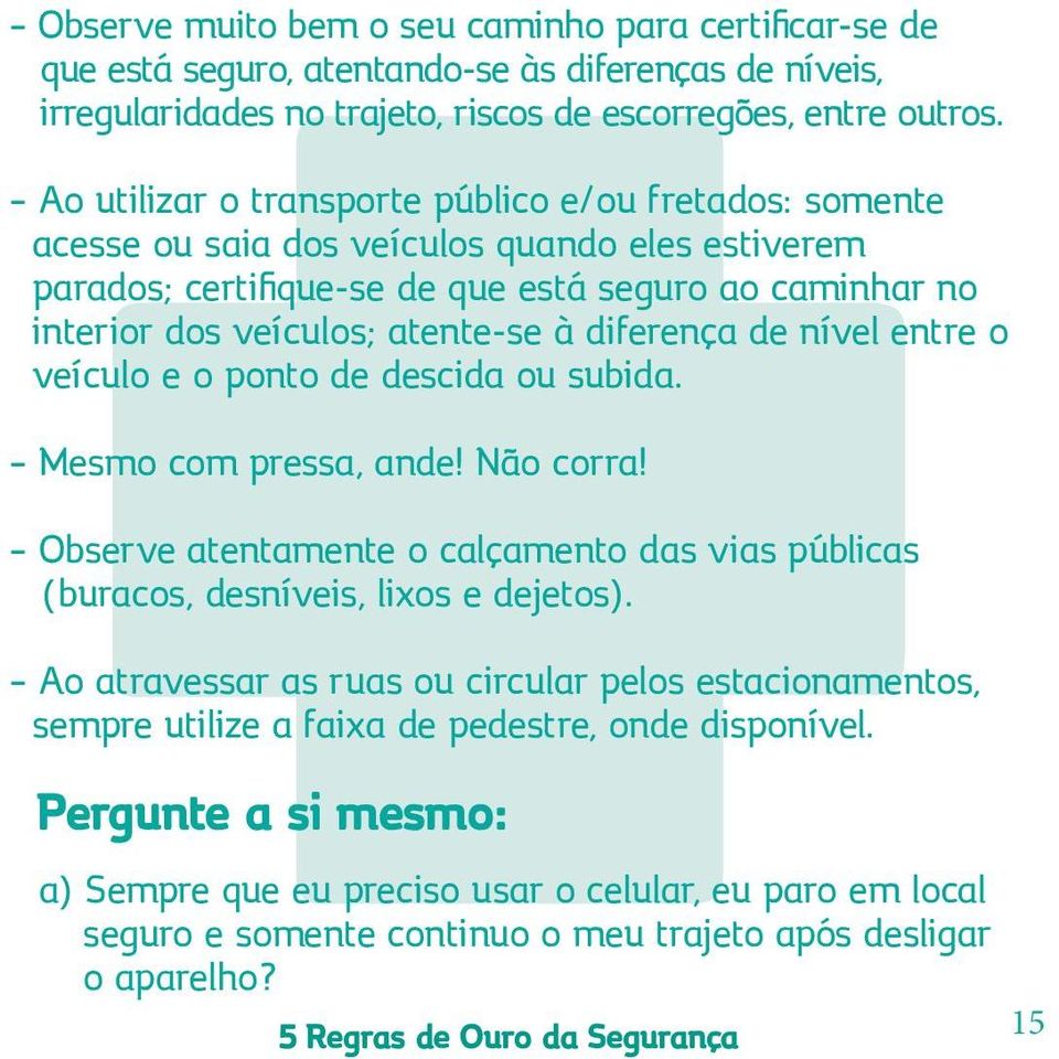 diferença de nível entre o veículo e o ponto de descida ou subida. Mesmo com pressa, ande! Não corra! Observe atentamente o calçamento das vias públicas (buracos, desníveis, lixos e dejetos).