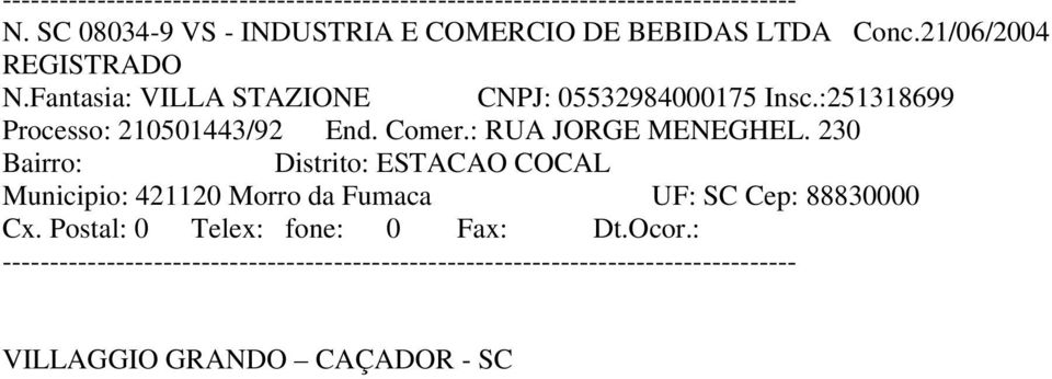 :251318699 Processo: 210501443/92 End. Comer.: RUA JORGE MENEGHEL.