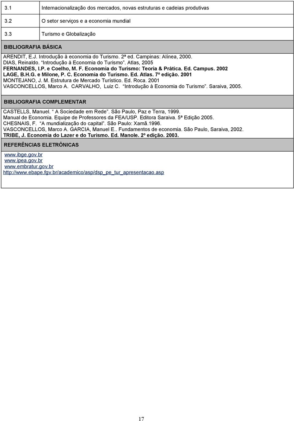 Ed. Campus. 2002 LAGE, B.H.G. e Milone, P. C. Economia do Turismo. Ed. Atlas. 7º edição. 2001 MONTEJANO, J. M. Estrutura de Mercado Turístico. Ed. Roca. 2001 VASCONCELLOS, Marco A. CARVALHO, Luiz C.
