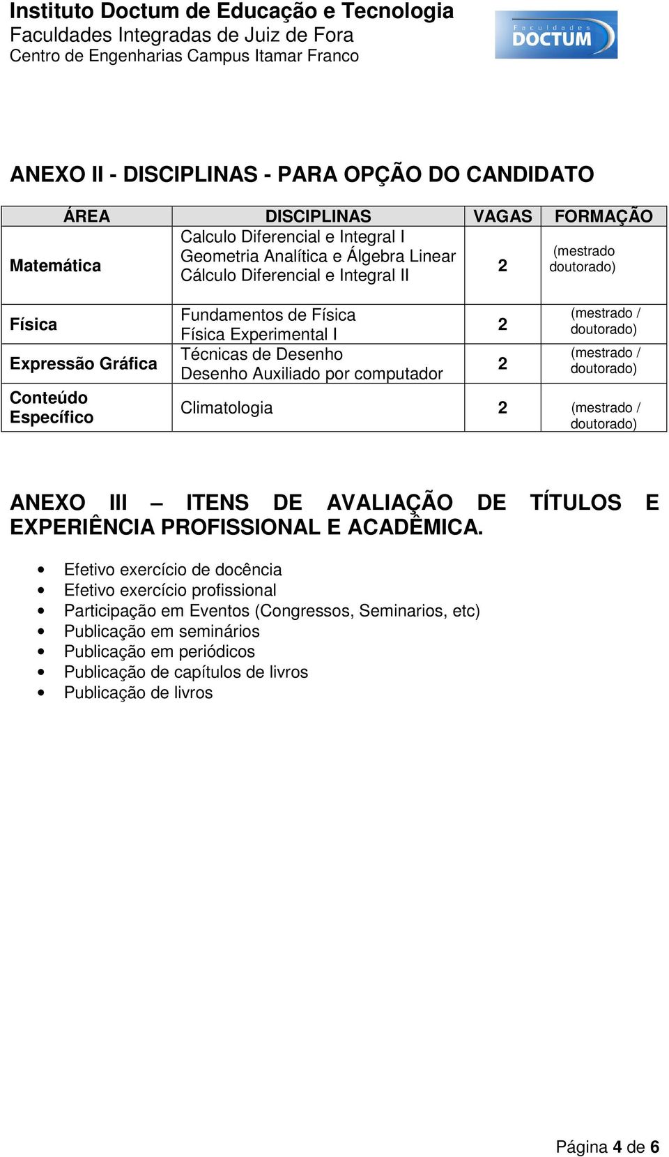 / doutorado) (mestrado / doutorado) Climatologia 2 (mestrado / doutorado) ANEXO III ITENS DE AVALIAÇÃO DE TÍTULOS E EXPERIÊNCIA PROFISSIONAL E ACADÊMICA.