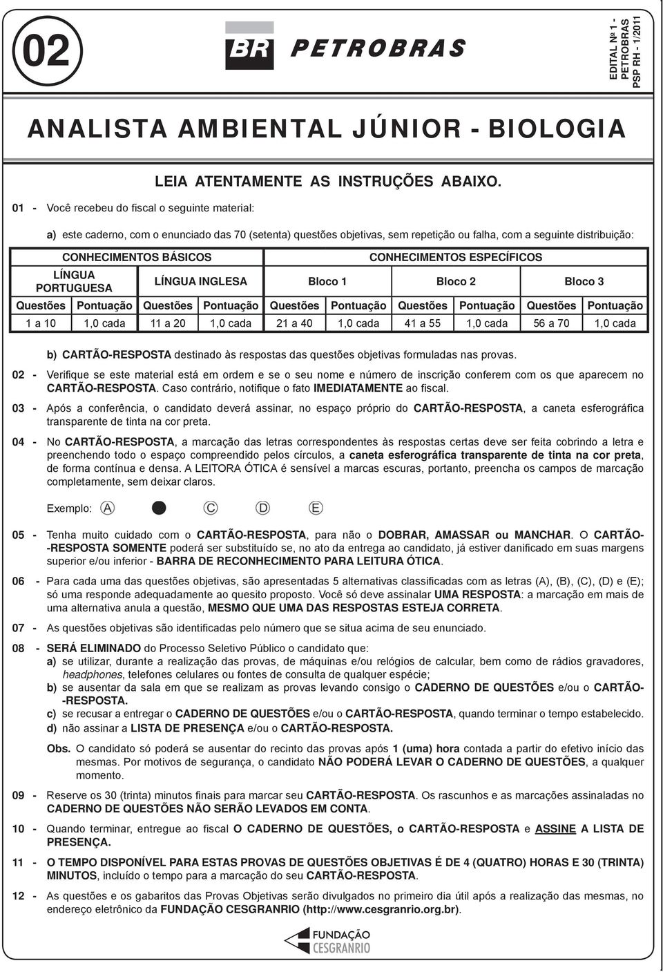 INGLESA Bloco 1 Bloco 2 Bloco 3 Questões Pontuação Questões Pontuação Questões Pontuação Questões Pontuação Questões Pontuação 1 a 10 1,0 cada 11 a 20 1,0 cada 21 a 40 1,0 cada 41 a 55 1,0 cada 56 a