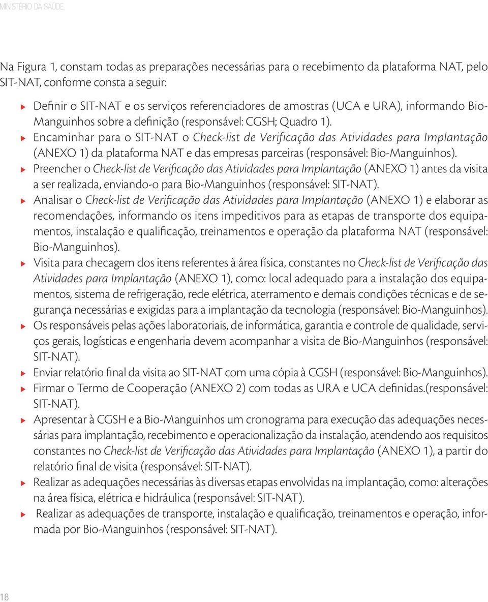 Encaminhar para o SIT NAT o Check list de Verificação das Atividades para Implantação (ANEXO 1) da plataforma NAT e das empresas parceiras (responsável: Bio Manguinhos).