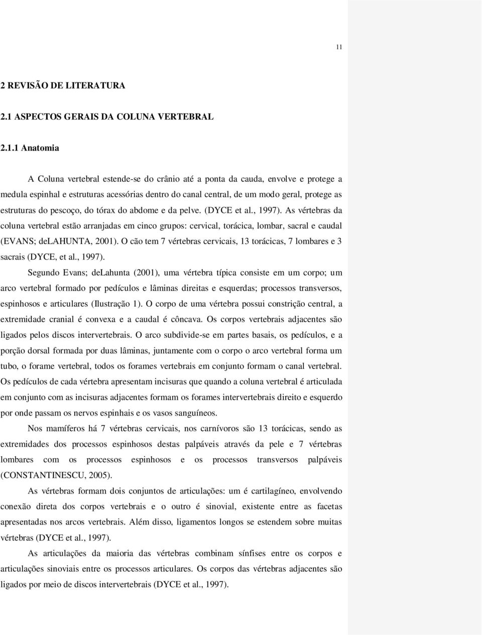 As vértebras da coluna vertebral estão arranjadas em cinco grupos: cervical, torácica, lombar, sacral e caudal (EVANS; delahunta, 2001).