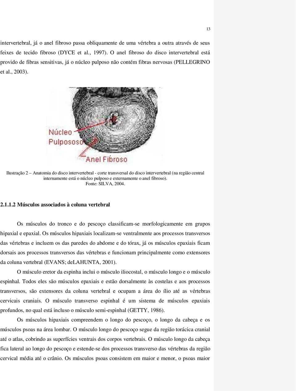 Ilustração 2 Anatomia do disco intervertebral - corte transversal do disco intervertebral (na região central internamente está o núcleo pulposo e externamente o anel fibroso). Fonte: SILVA, 2004. 2.1.