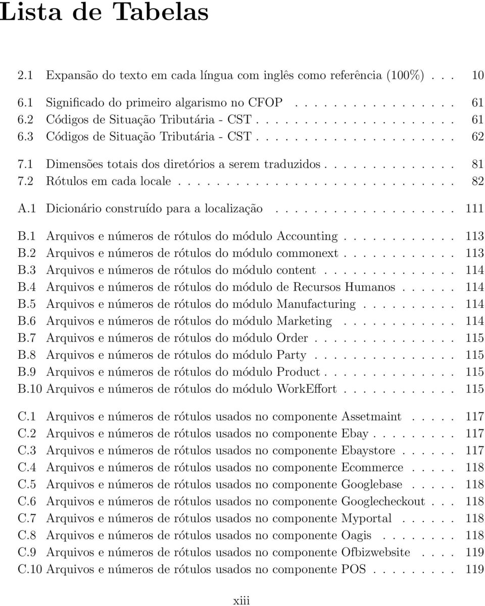 2 Rótulos em cada locale............................. 82 A.1 Dicionário construído para a localização................... 111 B.1 Arquivos e números de rótulos do módulo Accounting............ 113 B.