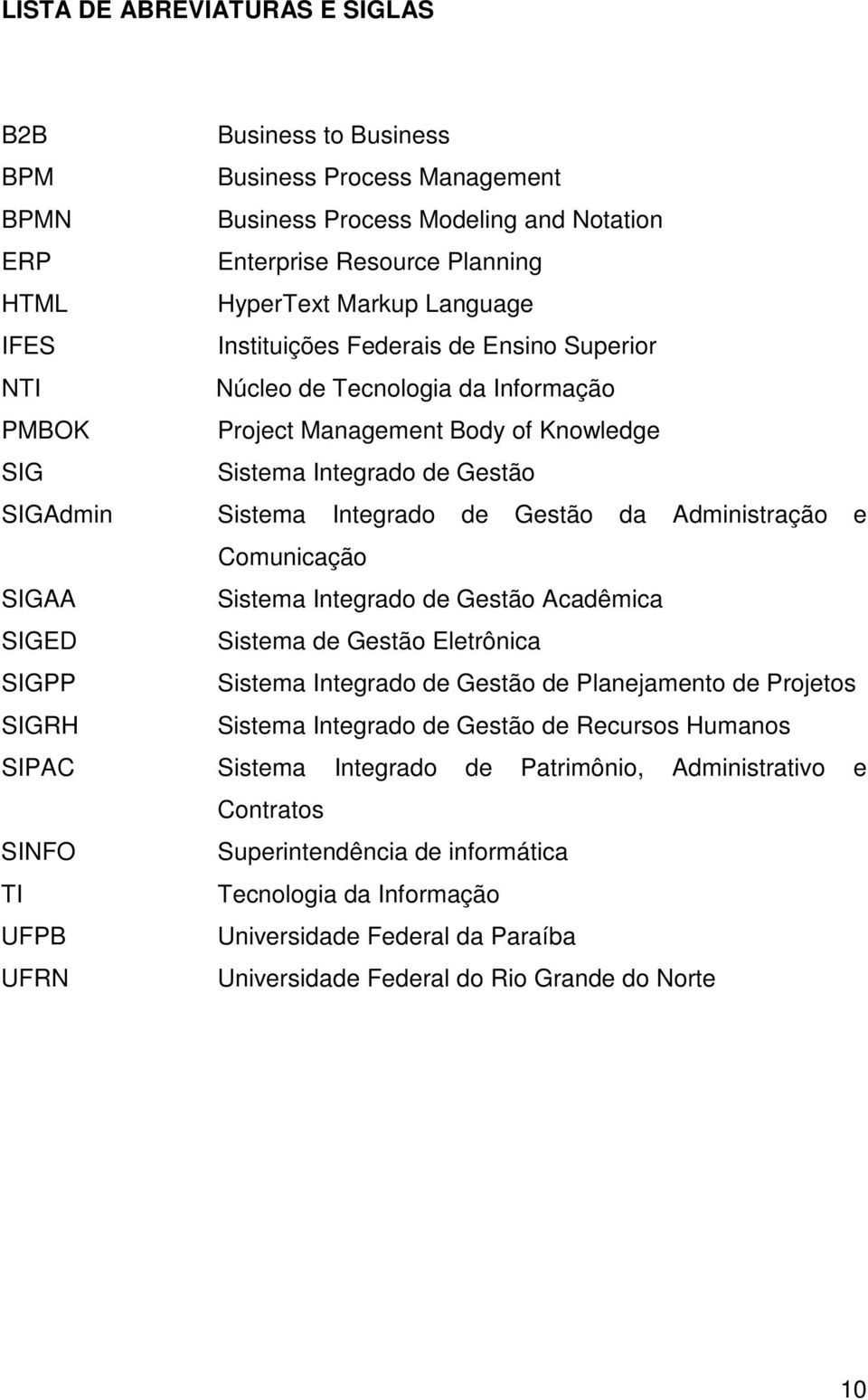 Administração e Comunicação SIGAA Sistema Integrado de Gestão Acadêmica SIGED Sistema de Gestão Eletrônica SIGPP Sistema Integrado de Gestão de Planejamento de Projetos SIGRH Sistema Integrado de