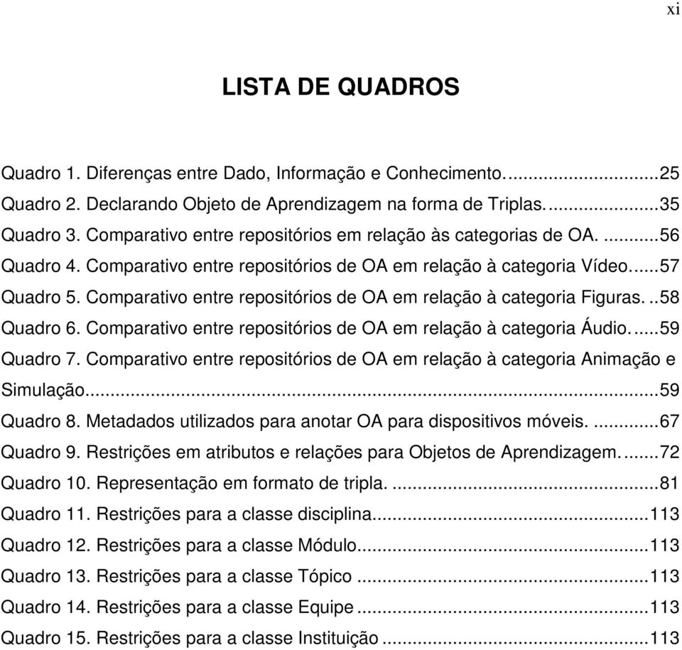 Comparativo entre repositórios de OA em relação à categoria Figuras...58 Quadro 6. Comparativo entre repositórios de OA em relação à categoria Áudio...59 Quadro 7.