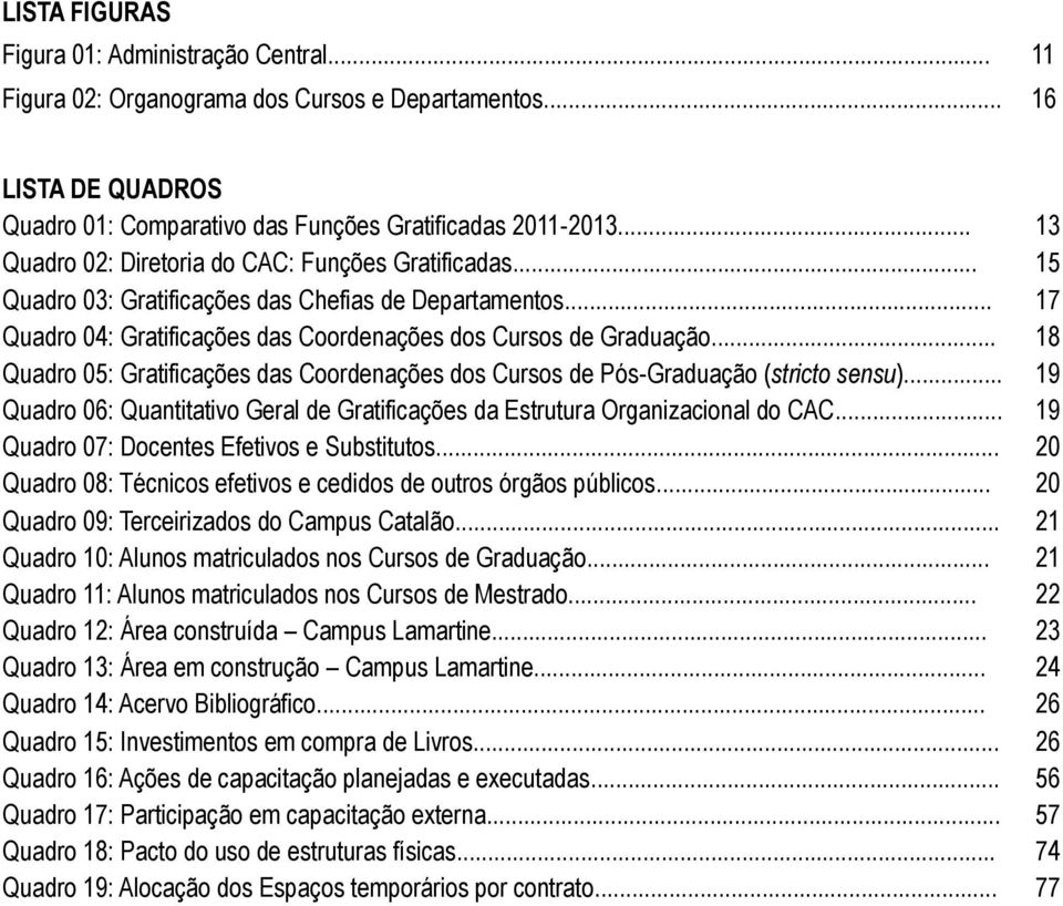 .. 18 Quadro 05: Gratificações das Coordenações dos Cursos de Pós-Graduação (stricto sensu)... 19 Quadro 06: Quantitativo Geral de Gratificações da Estrutura Organizacional do CAC.