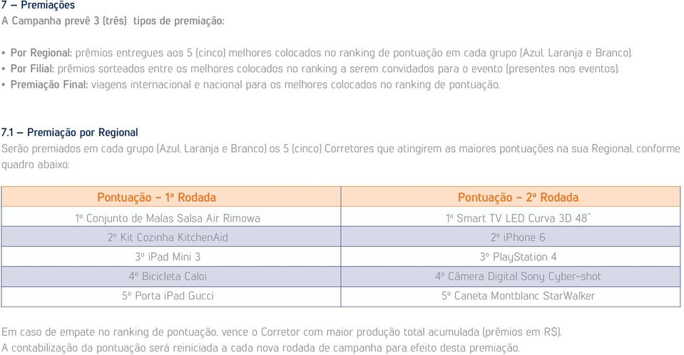 Premiação Final: viagens internacional e nacional para os melhores colocados no ranking de pontuação, 7.