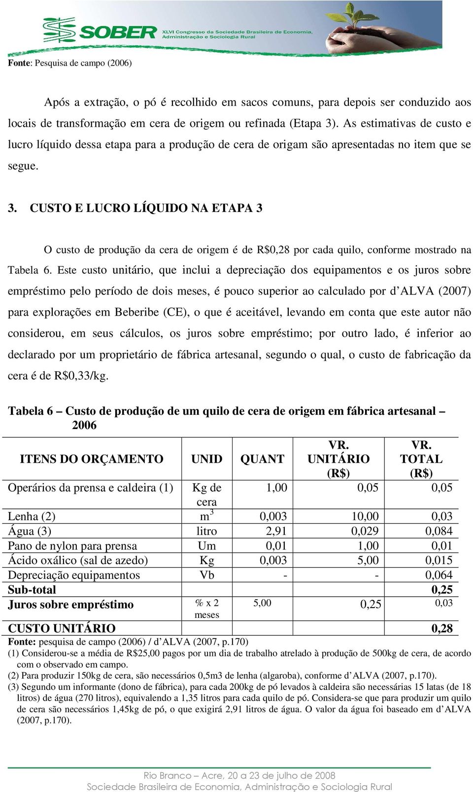 CUSTO E LUCRO LÍQUIDO NA ETAPA 3 O custo de produção da cera de origem é de R$0,28 por cada quilo, conforme mostrado na Tabela 6.