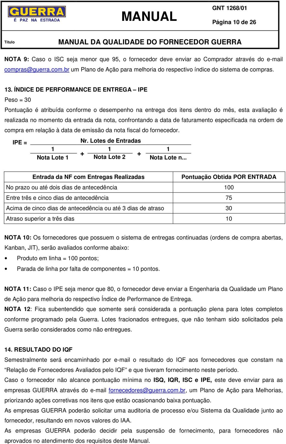 ÍNDICE DE PERFORMANCE DE ENTREGA IPE Peso = 30 Pontuação é atribuída conforme o desempenho na entrega dos itens dentro do mês, esta avaliação é realizada no momento da entrada da nota, confrontando a