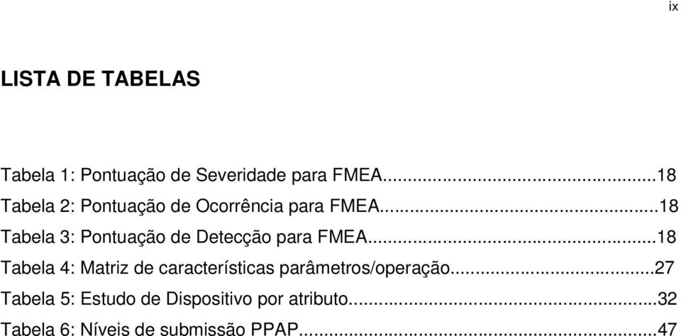 ..18 Tabela 3: Pontuação de Detecção para FMEA.
