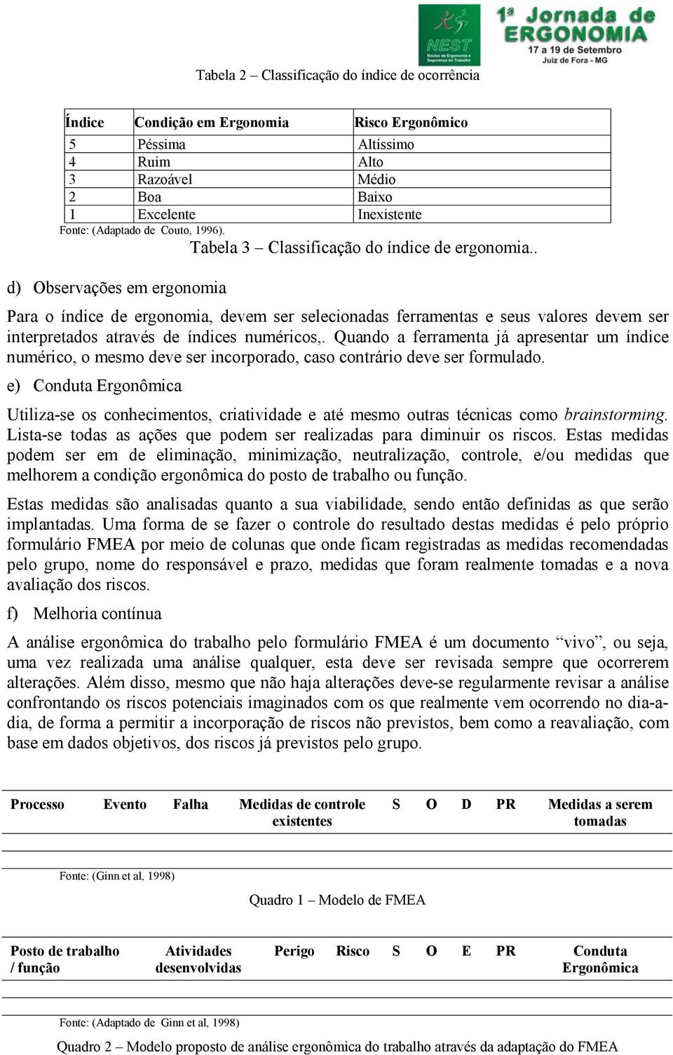 . d) Observações em ergonomia Para o índice de ergonomia, devem ser selecionadas ferramentas e seus valores devem ser interpretados através de índices numéricos,.