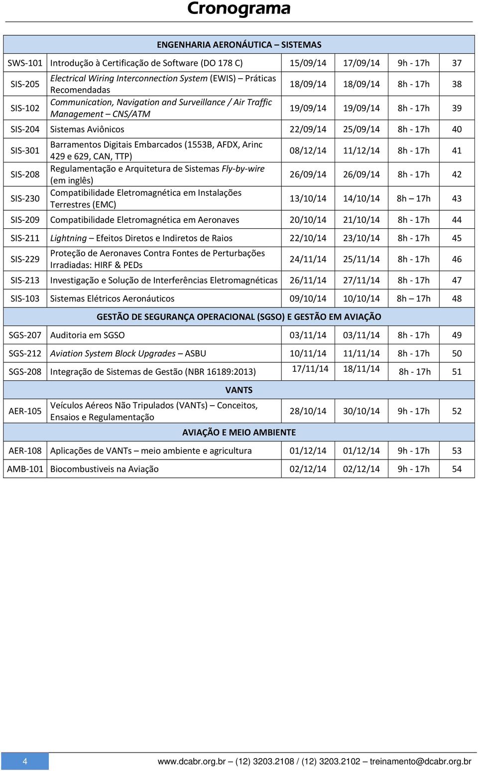 8h 17h 40 SIS 301 SIS 208 SIS 230 Barramentos Digitais Embarcados (1553B, AFDX, Arinc 429 e 629, CAN, TTP) Regulamentação e Arquitetura de Sistemas Fly by wire (em inglês) Compatibilidade