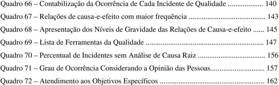 .. 143 Quadro 68 Apresentação dos Níveis de Gravidade das Relações de Causa-e-efeito.