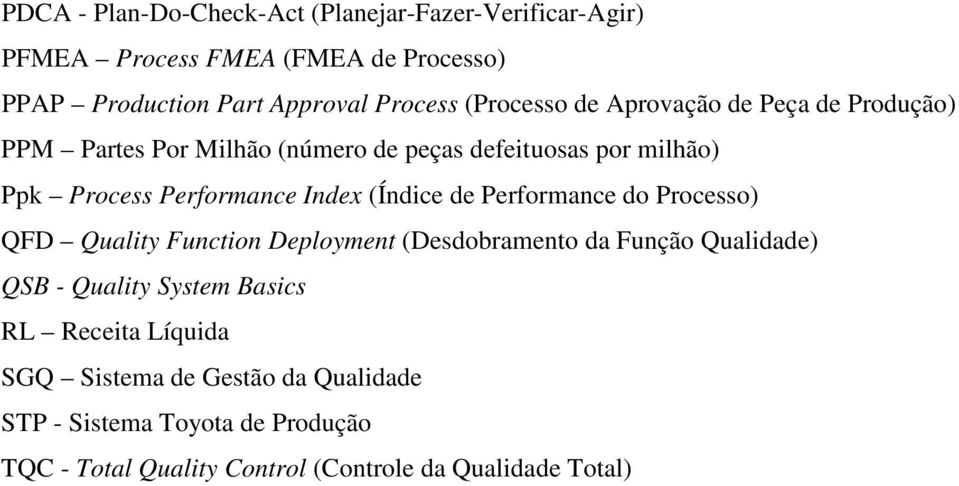 (Índice de Performance do Processo) QFD Quality Function Deployment (Desdobramento da Função Qualidade) QSB - Quality System Basics RL