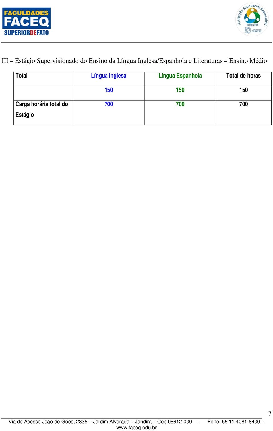 Carga horária total do Estágio 700 700 700 Via de Acesso João de Góes, 2335