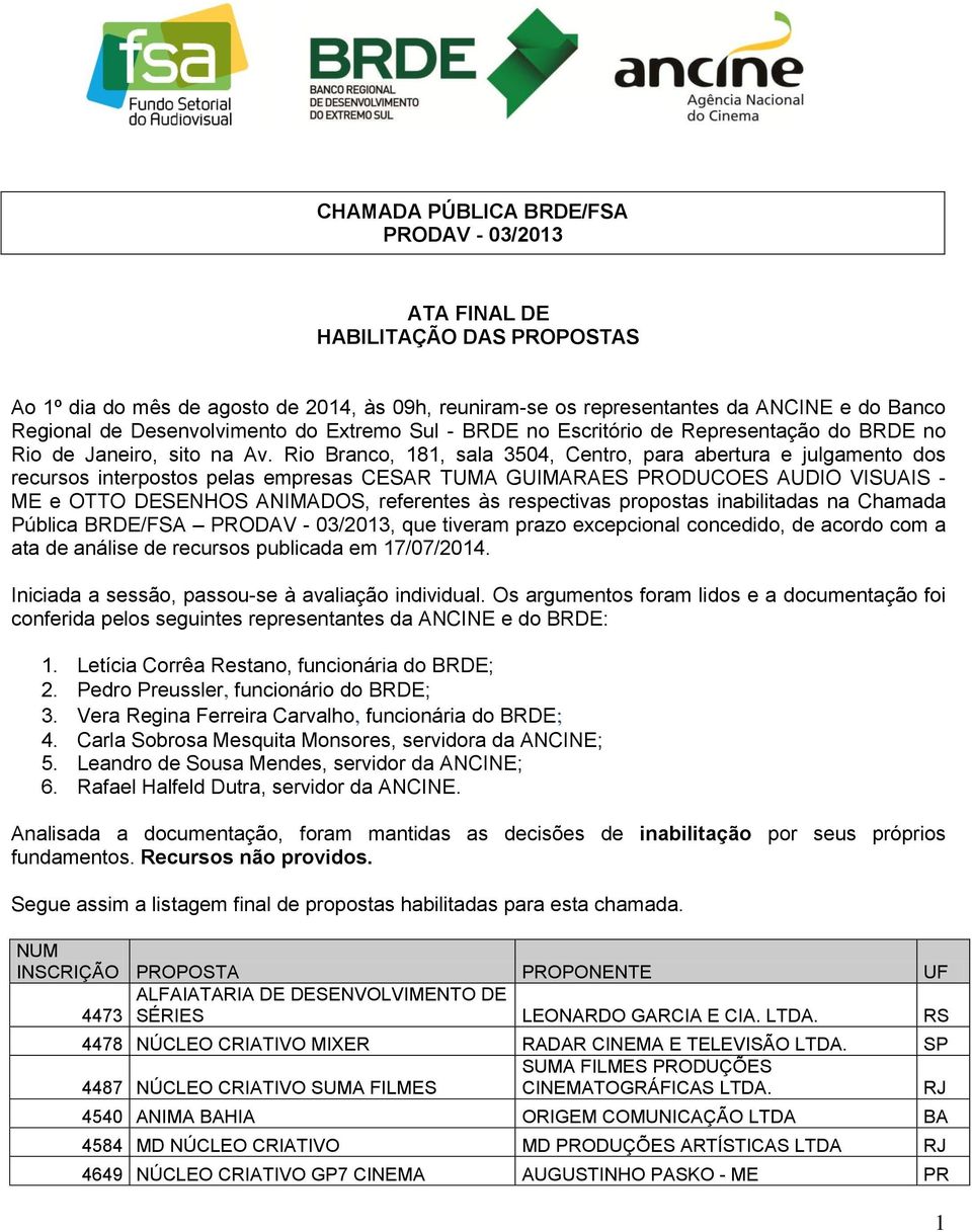 Rio Branco, 181, sala 3504, Centro, para abertura e julgamento dos recursos interpostos pelas empresas CESAR TUMA GUIMARAES PRODUCOES AUDIO VISUAIS - ME e OTTO DESENHOS ANIMADOS, referentes às