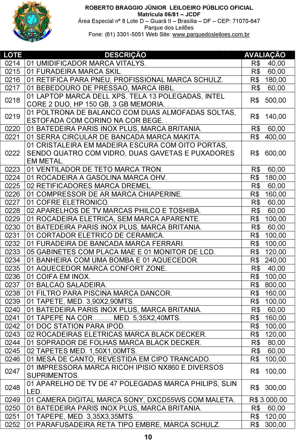 . R$ 140,00 0220 01 BATEDEIRA PARIS INOX PLUS, MARCA BRITANIA. 0221 01 SERRA CIRCULAR DE BANCADA MARCA MAKITA.