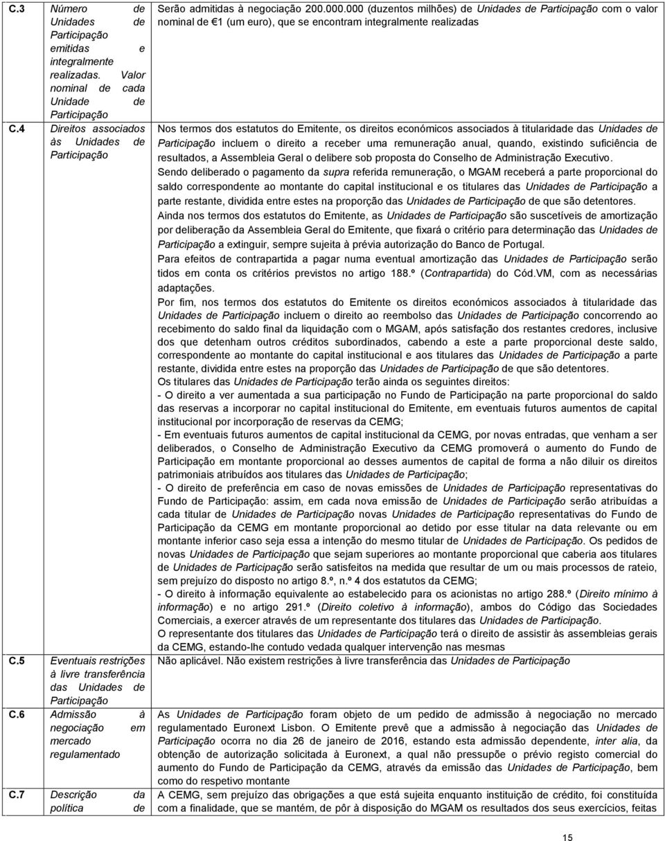 000 (duzentos milhões) de Unidades de Participação com o valor nominal de 1 (um euro), que se encontram integralmente realizadas Nos termos dos estatutos do Emitente, os direitos económicos