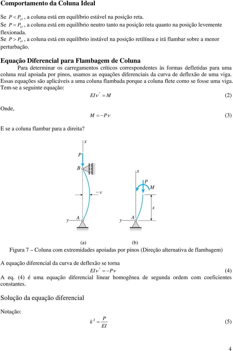 Equação Diferencial para Flambagem de Coluna Para determinar os carregamentos íticos correspondentes às formas defletidas para uma coluna real apoiada por pinos, usamos as equações diferenciais da