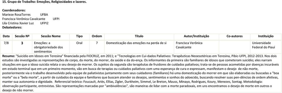 Nos dois estudos são investigadas as representações de corpo, da morte, do morrer, da saúde e da do-ença.