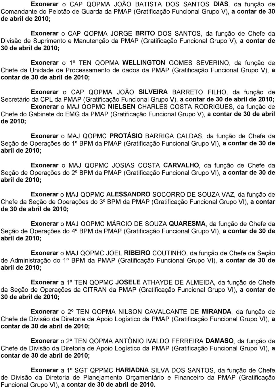 Unidade de Processamento de dados da PMAP (Gratificação Funcional Grupo V), a contar de 30 de Exonerar o CAP QOPMA JOÃO SILVEIRA BARRETO FILHO, da função de Secretário da CPL da PMAP (Gratificação