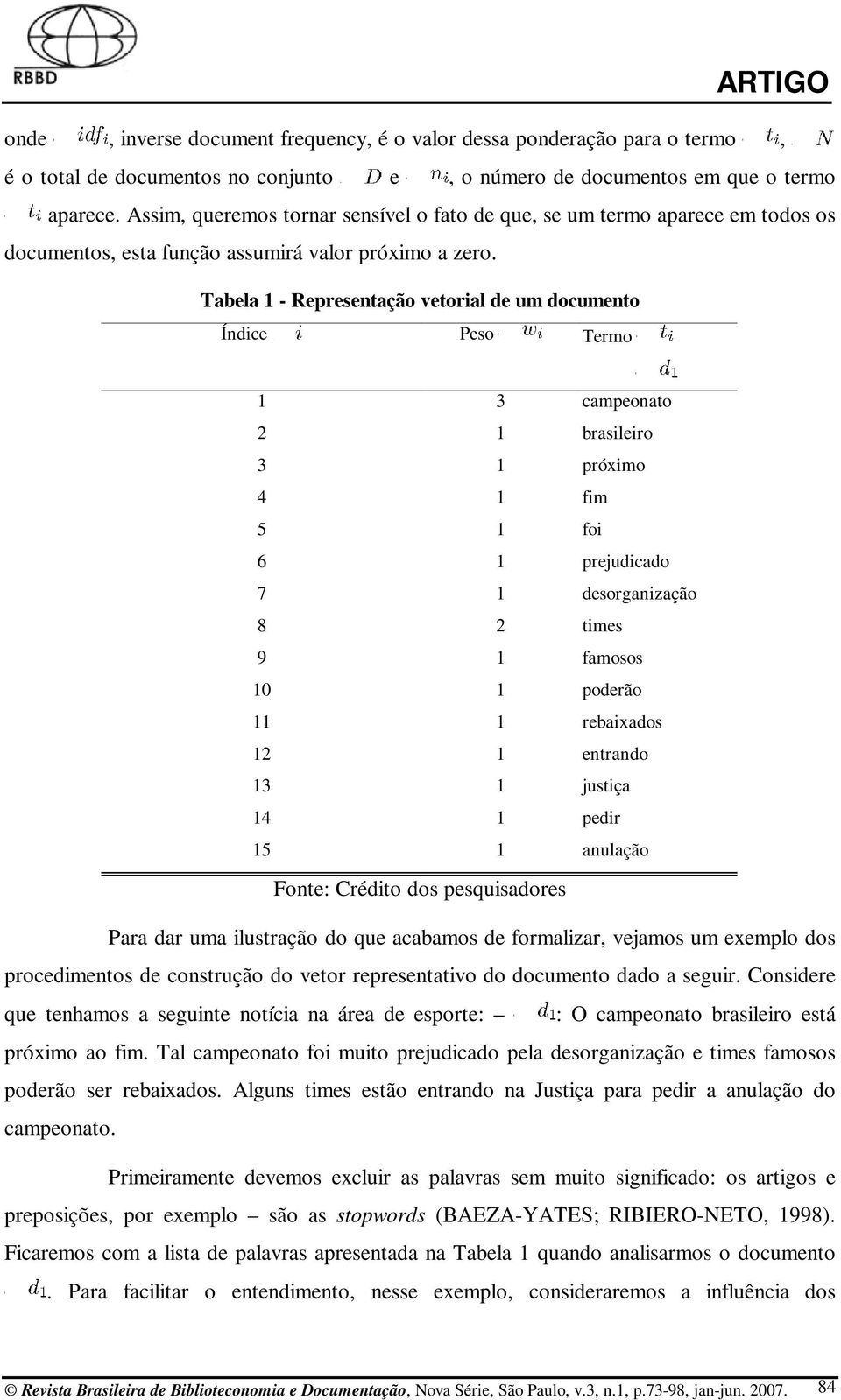 Tabela 1 - Representação vetorial de um documento Índice Peso Termo 1 3 campeonato 2 1 brasileiro 3 1 próximo 4 1 fim 5 1 foi 6 1 prejudicado 7 1 desorganização 8 2 times 9 1 famosos 10 1 poderão 11