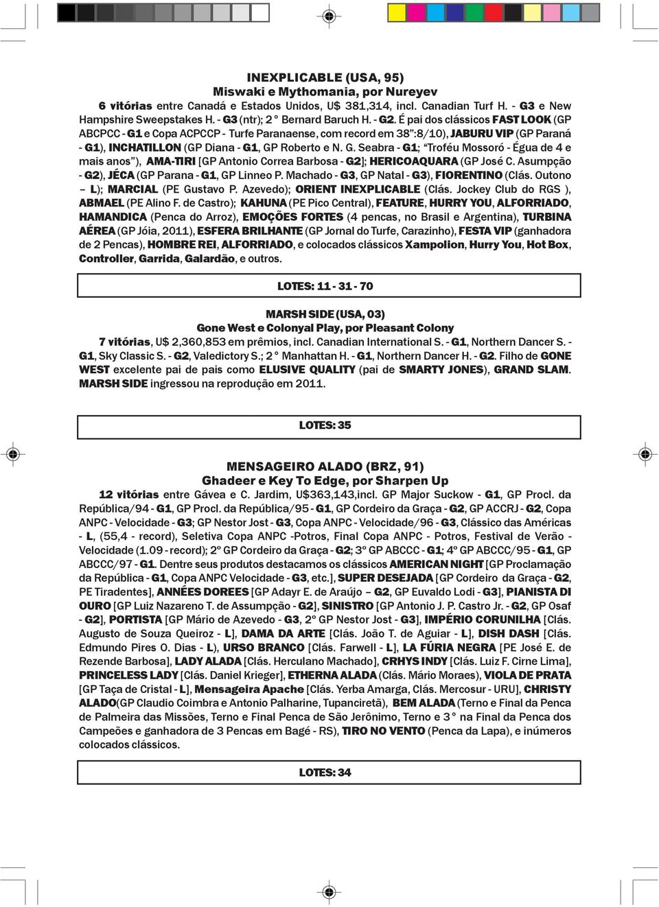 Asumpção G2), JÉCA (GP Parana G1, GP Linneo P. Machado G3, GP Natal G3), FIORENTINO (Clás. Outono L); MARCIAL (PE Gustavo P. Azevedo); ORIENT INEXPLICABLE (Clás.