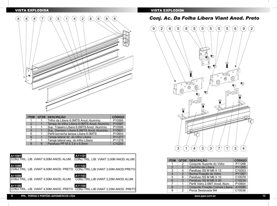 do trilho Líbera Parafuso PP M S,9 x 9,mm CÓDIGO P09 P09 P099 P00 P00 P P C0 A09 CONJ.TRIL. LIB. VIANT,00M ANOD. ALUM. A09 A0 CONJ.TRIL. LIB. VIANT,00M ANOD. PRETO CONJ.TRIL.LIB.VIANT,00M ANOD.PRETO A099 CONJ.