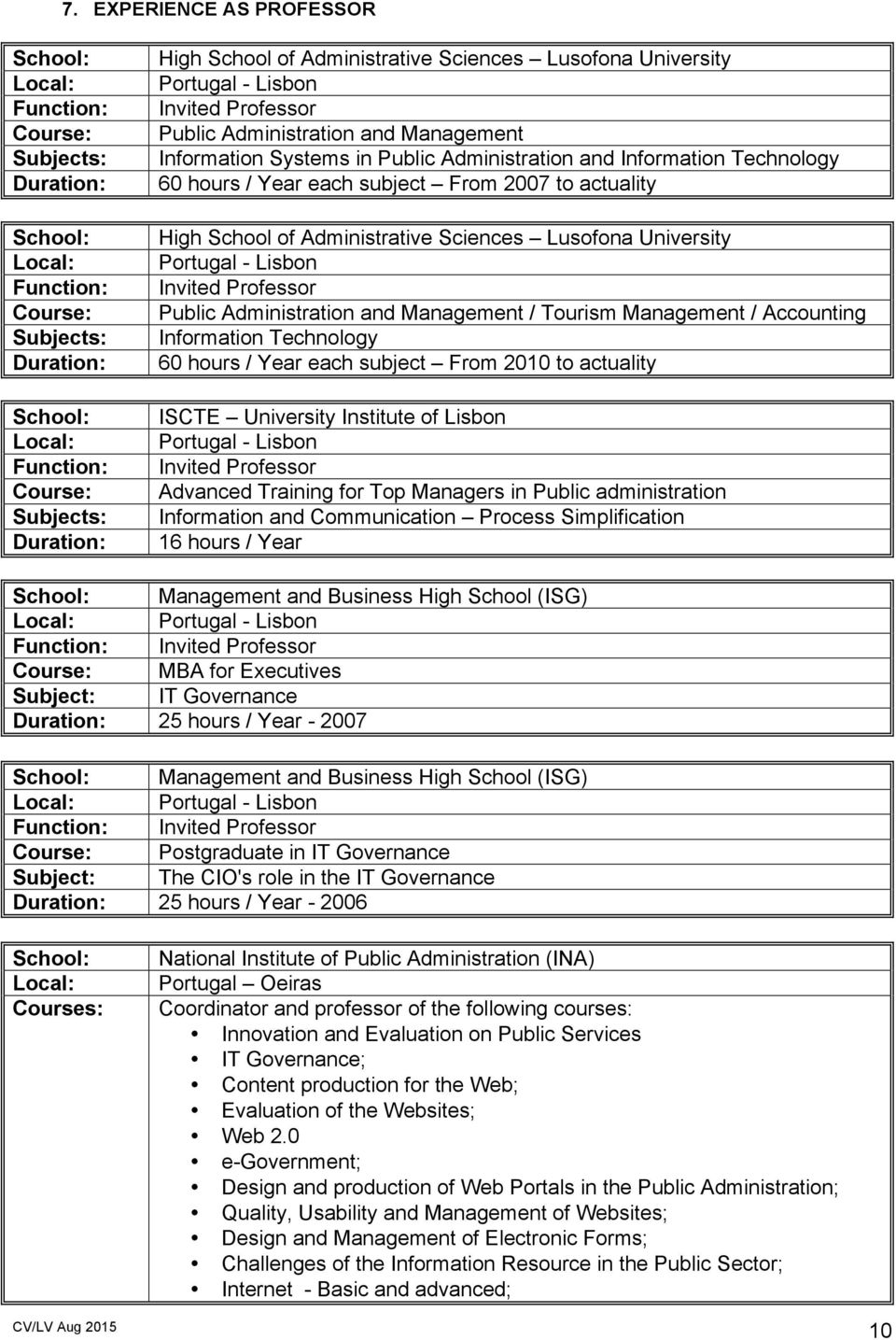 hours / Year each subject From 2007 to actuality High School of Administrative Sciences Lusofona University Portugal - Lisbon Invited Professor Public Administration and Management / Tourism